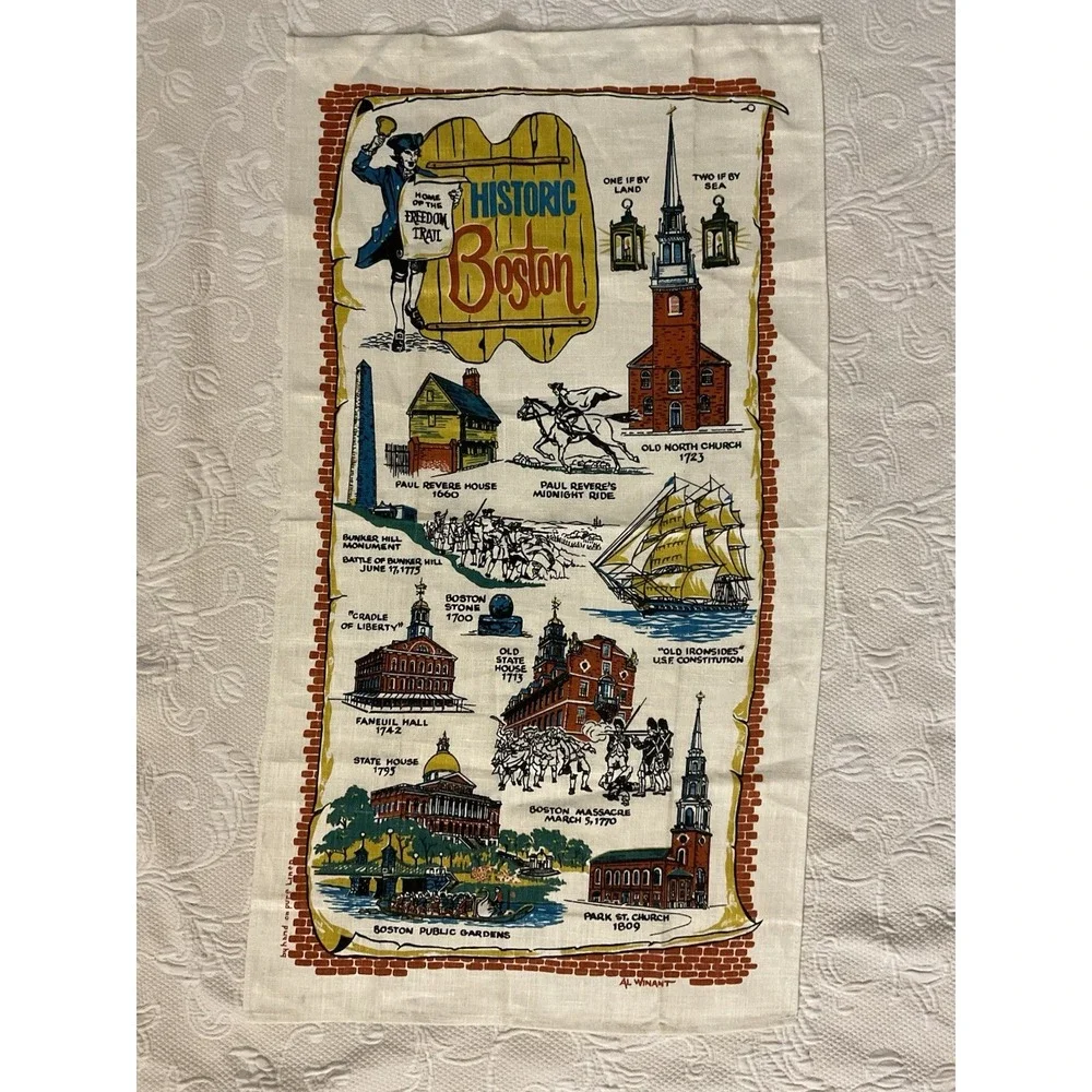 NEW Vintage 1970's Linen Historic Boston Souvenier Tea Towel 16